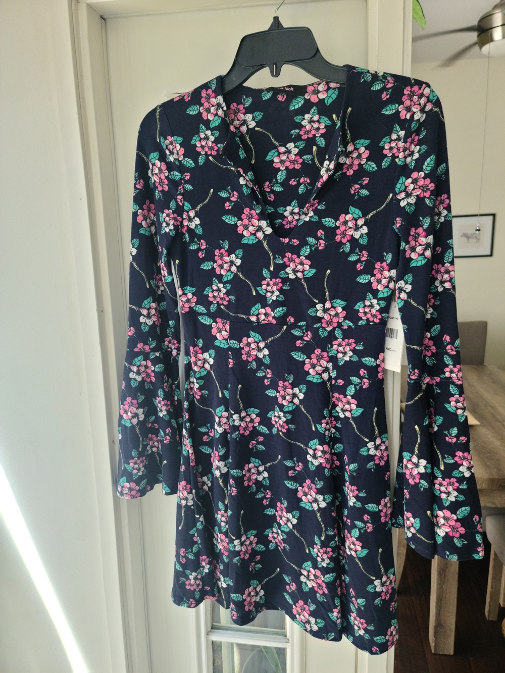 Navy Long-Sleeve Floral Swing Dress with Pink Blossoms